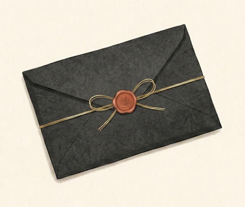 蝋で封をされた黒い和紙の封筒。金の紐が結ばれている